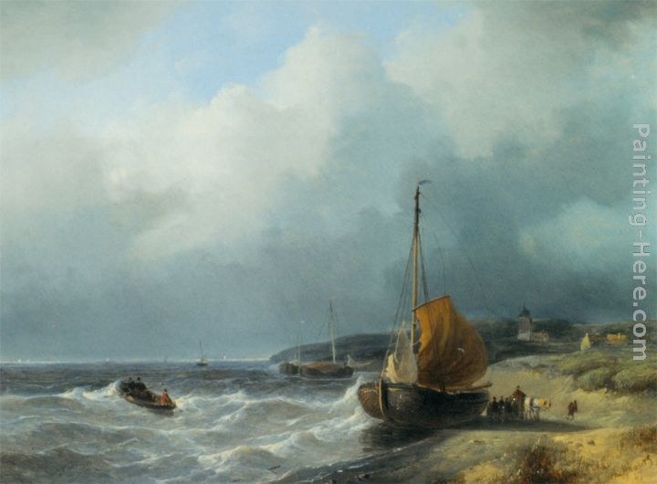 Andreas Schelfhout Fisherfolk by a Beached Bomschuit